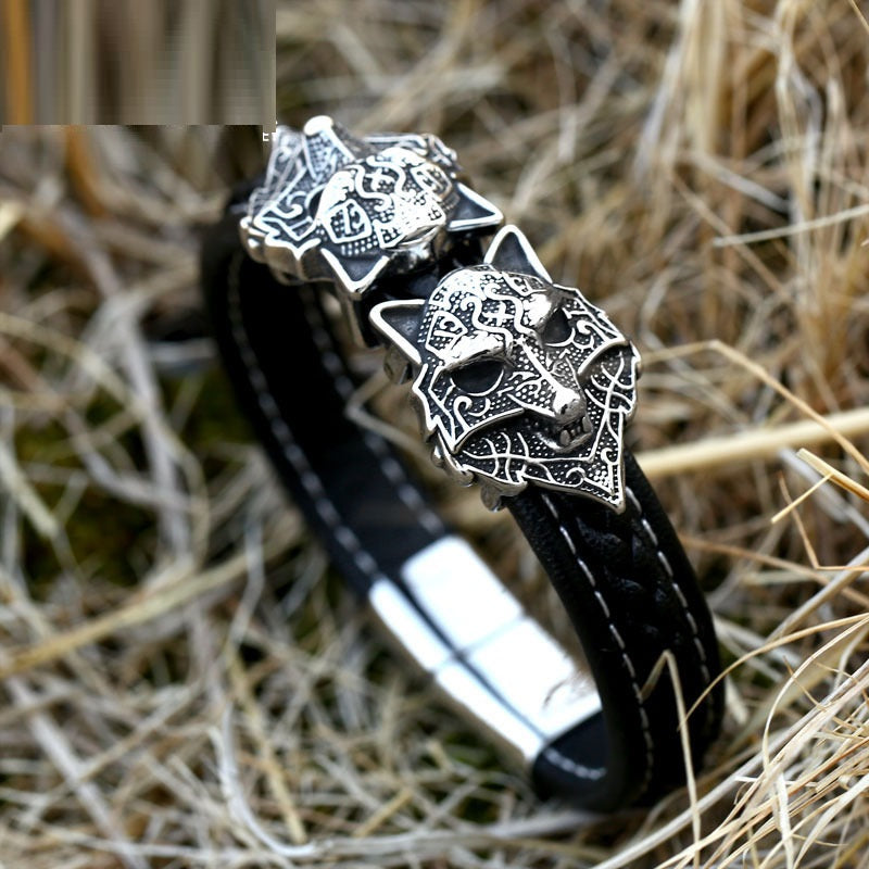 Vintage Stainless Steel Double Wolf Head Bracelet