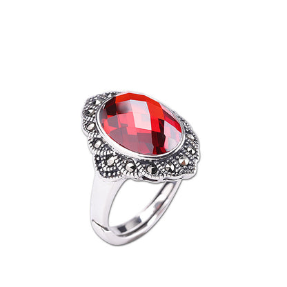 Vintage Flower Garnet Red Adjustable Silver Ring