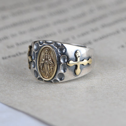 Bague en argent ouverte avec croix mariale vintage