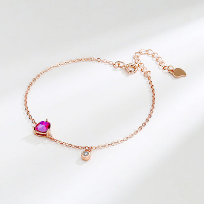 Sterling Silver Rose Gold Ruby Zirconia Heart Bracelet