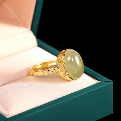 Simple Hetian Jade Adjustable Silver Ring