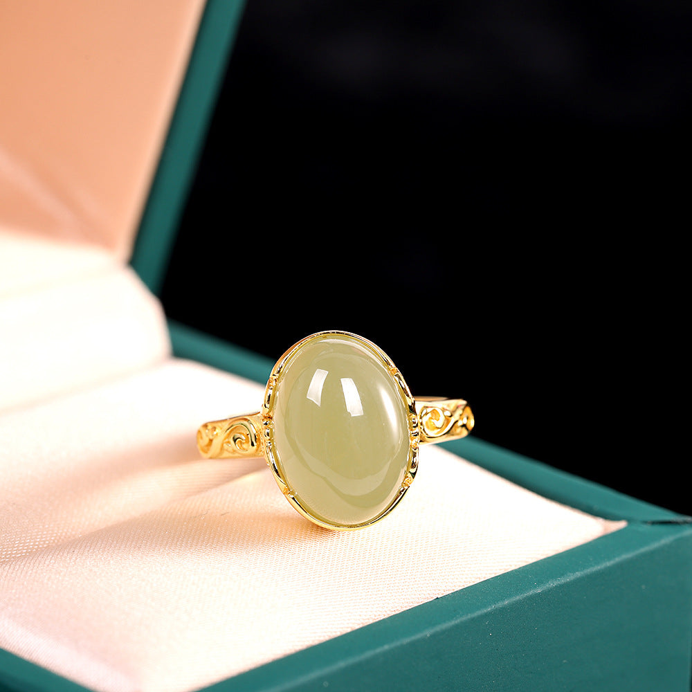 Simple Hetian Jade Adjustable Silver Ring