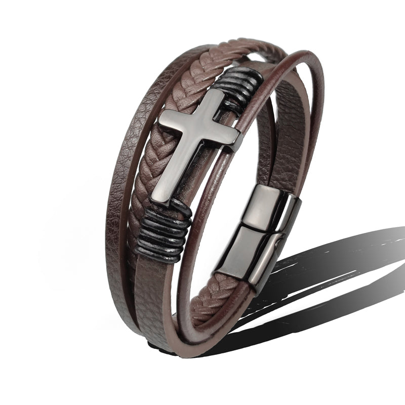 Stainless Steel Leather Cross Brown Black Bracelet