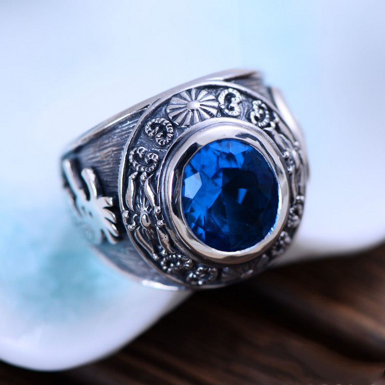 bague en argent sterling totem vintage en cristal bleu