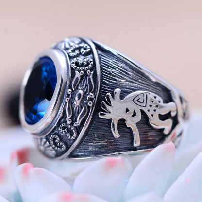 bague en argent sterling totem vintage en cristal bleu