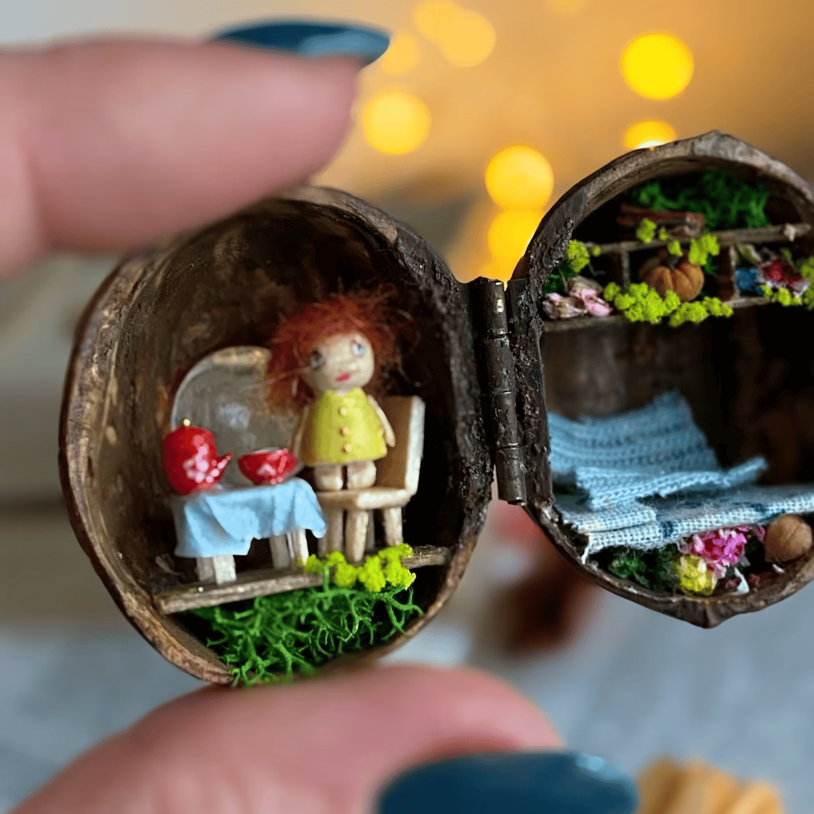 Handmade Walnut Shell Doll House--mini library, tiny World inside walnuts